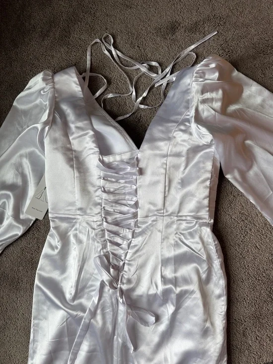 Wear Your Love Vintage Style White Satin Lattice Back Wedding Maxi Dress SIZE 14 - Picture 7 of 10